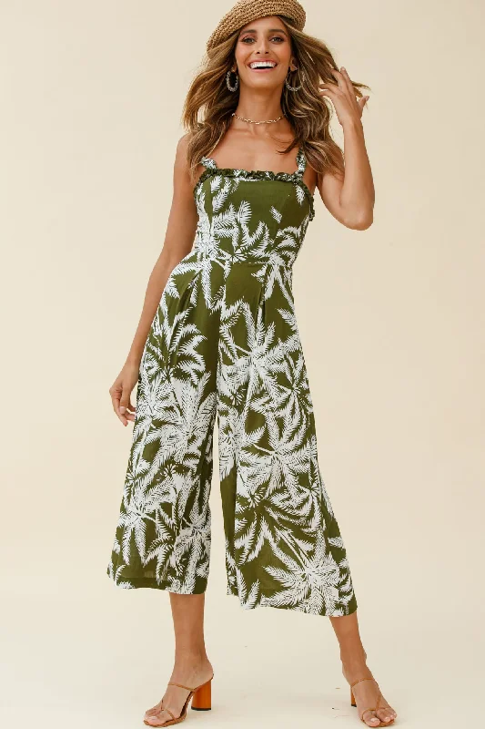 Women's Vacation Garments End-Of-Season Clearance Magdalene Frill Strap Midi Jumpsuit Palm Print Olive