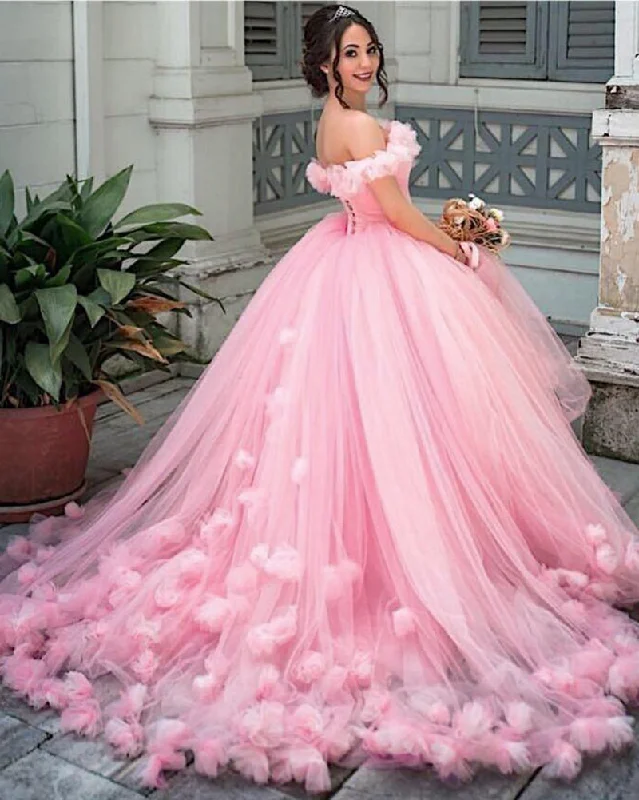 Women's Chic Outerwear Attire Break Fashion Norms Women Fashion Off the Shoulder Colored Puffy Bridal Ball Gown Pink Wedding Dresses with handmade flowers WD10204