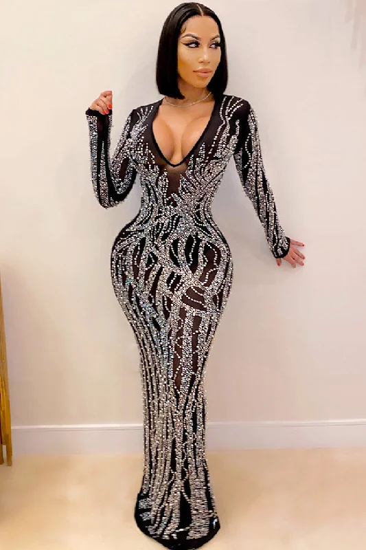 Women's Clothes For Outdoor Events End Of Season Sale Sparkly Rhinestone Deep V Long Sleeve Sheer Mesh Evening Maxi Dress - Black