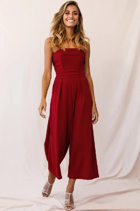 Women's Athletic Apparel Evening Elegance Chosen Strapless Wide Leg Jumpsuit Wine