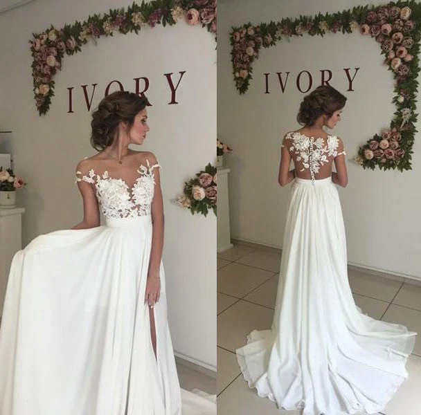 High-Fashion Women's Clothing Relaxed Style Deals Lace and Chiffon Illusion Cap Sleeves Beach Wedding Dress boho Bridal Gown