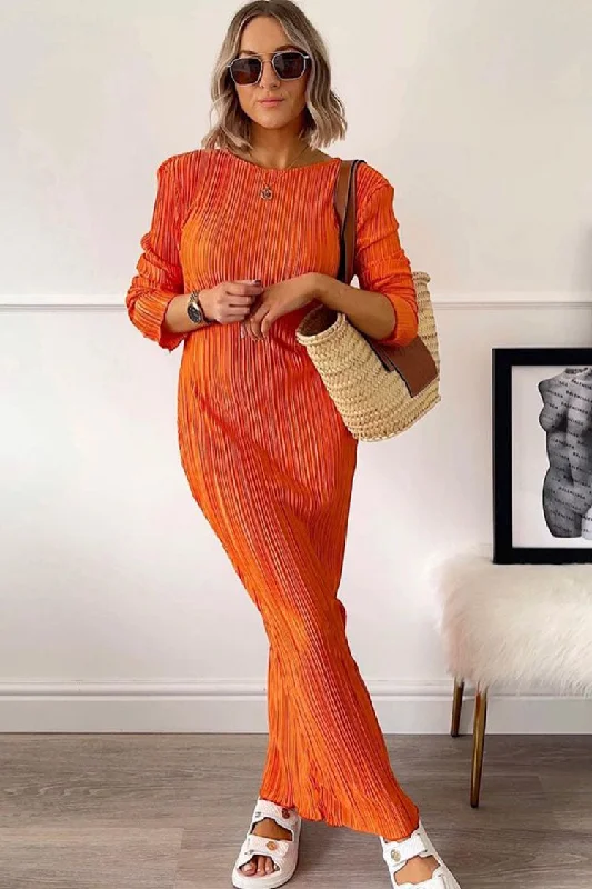 Timeless Women's Garments Special Offer For You Glamours Long Sleeve Shirred Beach Vacation Maxi Dress - Burnt Orange