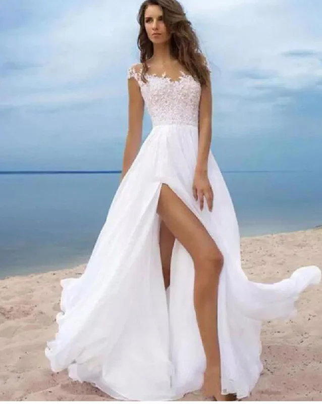 Women's Vintage Clothes Classy Style Discounts Elegant Scoop Neck Cap Sleeves lace Bridal Dress Beach Wedding Gown with Slits,Vestido De WD10271