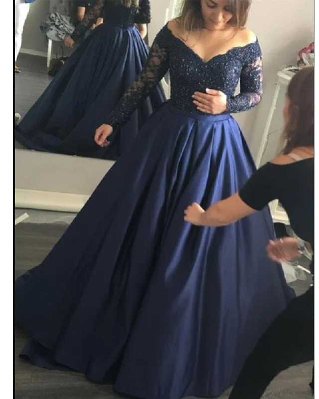 Women's Clothes And Apparel Sets Edgy Fashion Deals Vintage Off Shoulder V Neck Colorful Navy Blue Satin Ball Gown Lace Beaded Wedding Dress Women Long Sleeves Prom Gown Vestido WD01125