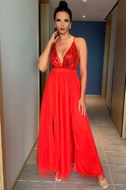 Women's Clothing Apparel Unleash Your Trend Driven Style Sparkly Sequined Deep V High Split Backless Evening Maxi Dress - Red