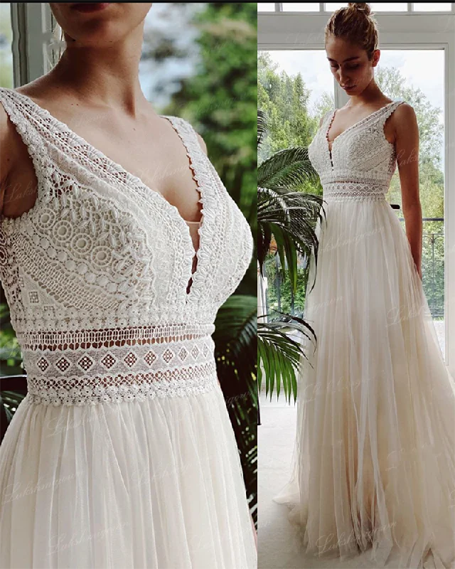 Women's Comfy Loungewear Outfit Discover Now Boho Wedding Dresses 2021 V Neck Beach Lace Bridal Wedding Gowns Elegant Bohemian Tulle A Line Bridal Dress