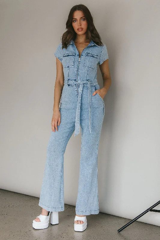 Women's Seasonal Clothes Urban Elegance Deals California Girl Short Sleeve Waist Tie Jumpsuit Denim Blue