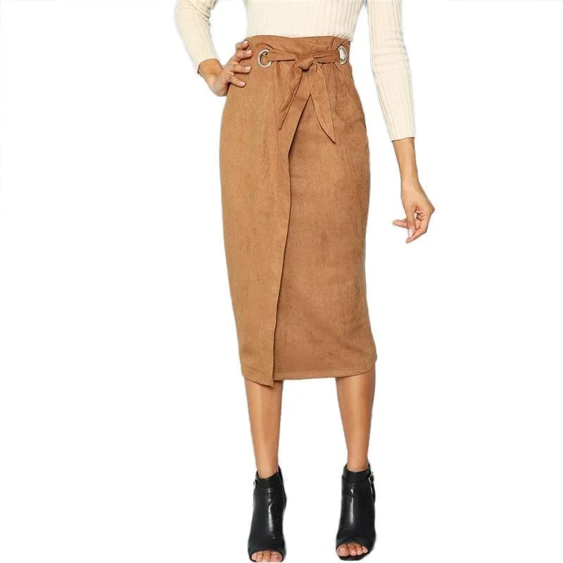 Women's Chic Apparel Shop Sales Brown Tie Waist Bodycon Zip Back Mid-Calf Wrap Knot Back Split Pencil Midi Skirt