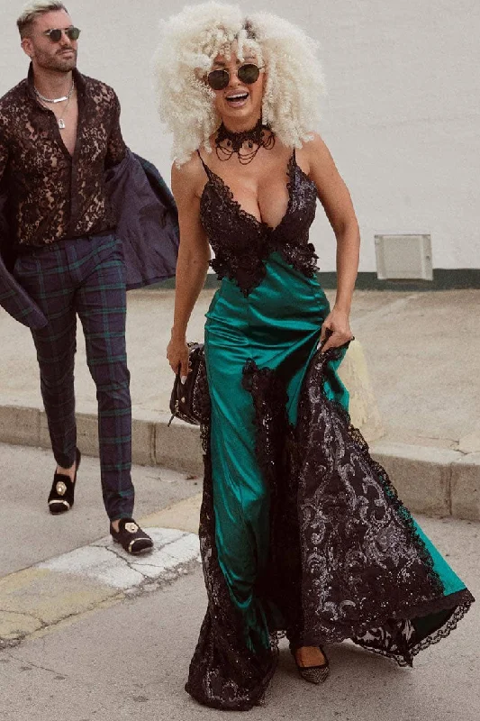 Casual Chic Clothing For Women Luxury Casual Deals Sparkly Sequin Lace Trim Deep V Split Sleeveless Evening Maxi Dress - Emerald Green