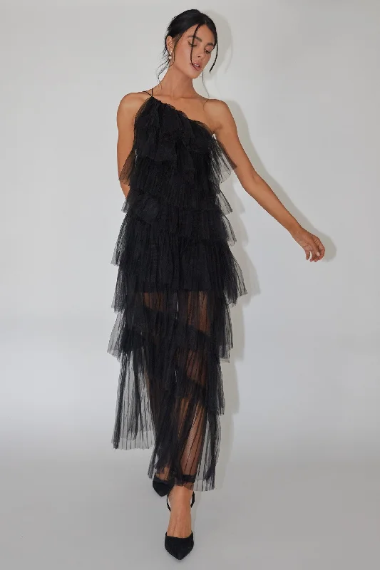 Women's Contemporary Apparel Romantic Fashion Discounts Arrabel Tiered Ruffle Tulle Maxi Dress Black