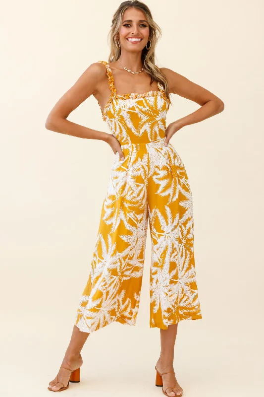 Women's Comfortable Apparel Trendy Street Style Magdalene Frill Strap Midi Jumpsuit Palm Print Yellow