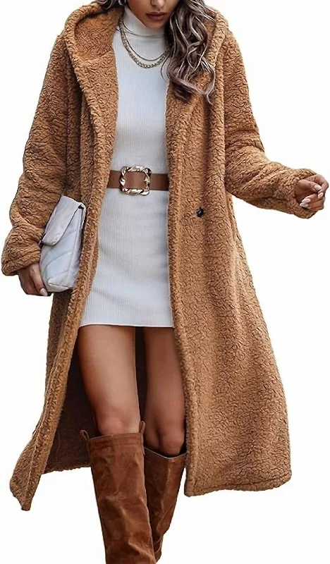 Women's Formal Event Clothing Teddy Hooded Coat In Camel