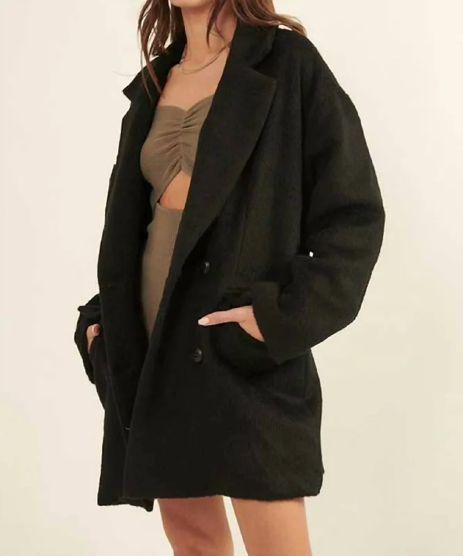 Affordable Women's Clothing Double Breasted Overcoat In Black