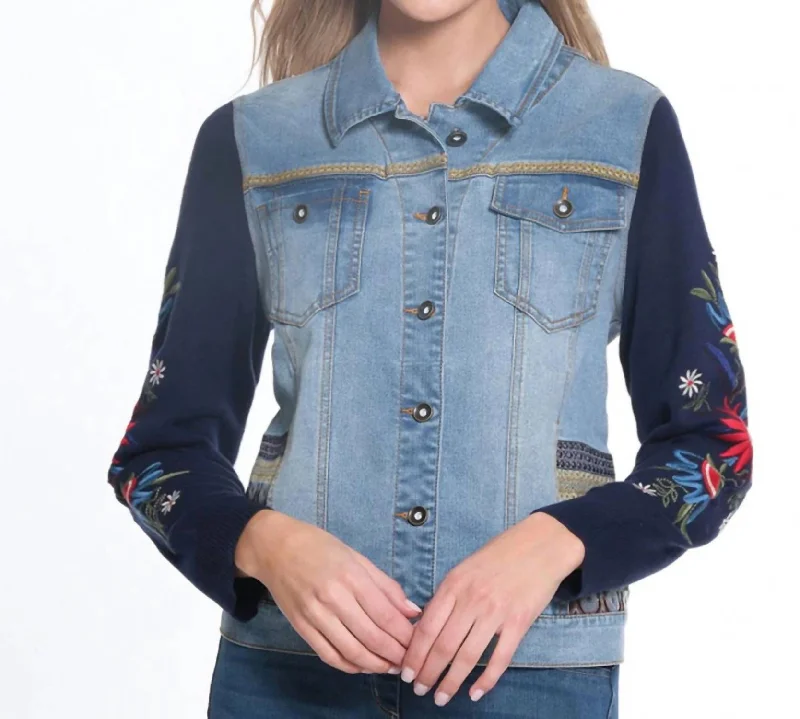 Women's Night-Out Clothes Floral Denim Jacket In Med Indigo