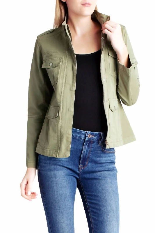 Women's Clothing And Garments Sets Zipper Front Utility Jacket With Pockets In Vineyard Green