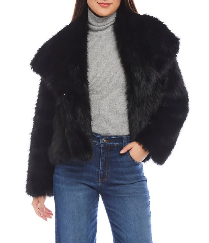 Women's Formal Event Outfit Faux Fur Collared Neck Coat In Black