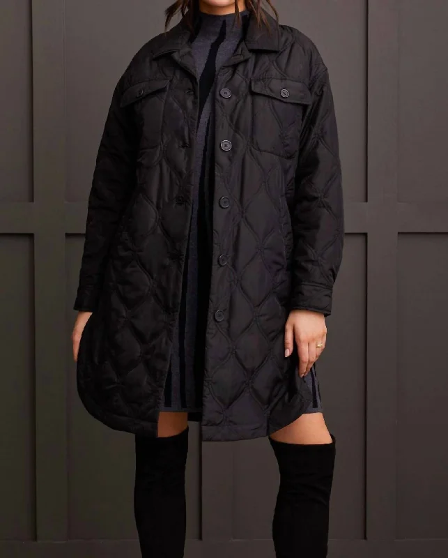 Women's Classic Outfit Long Quilted Button Up Jacket In Black