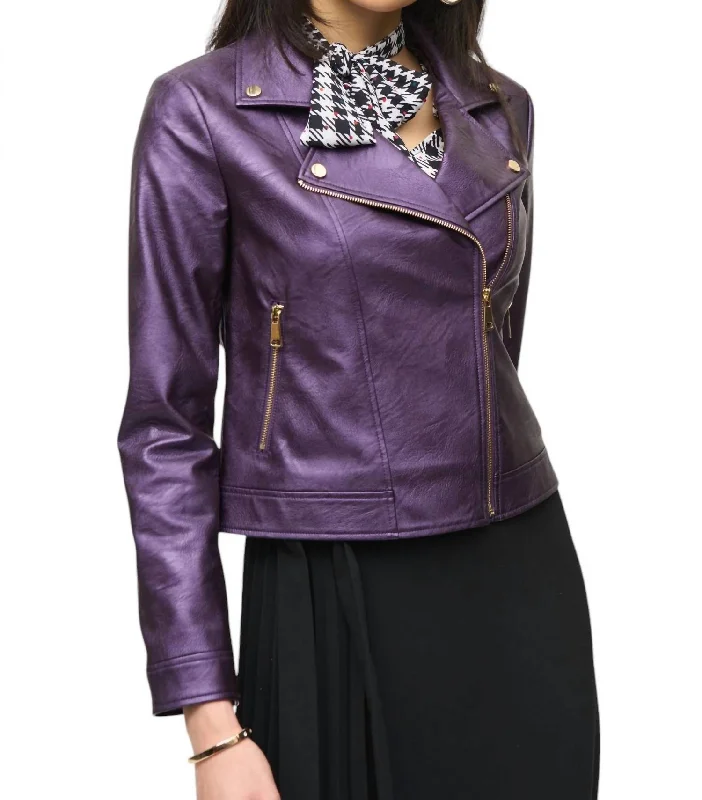 Women's Clothes And Apparel Metallic Faux Leather Biker Jacket In Black Currant