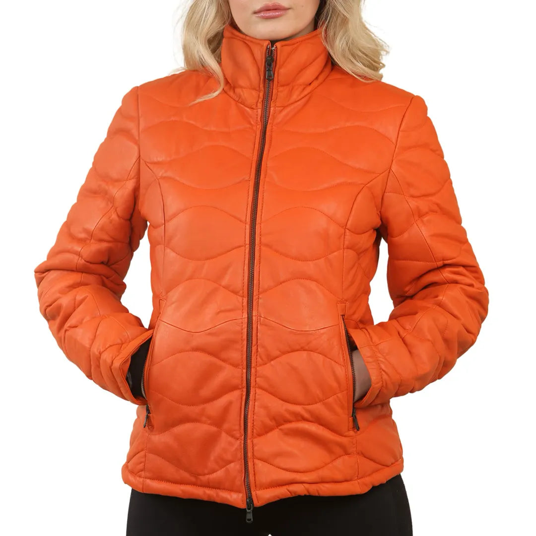 Women's Outdoor Activity Garments Puffer Quilted Mid Length Leather Jacket