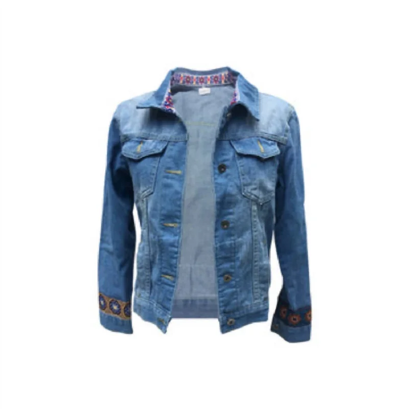 Women's Professional Garments Jacquard Patchwork Jean Jacket In Medium Blue