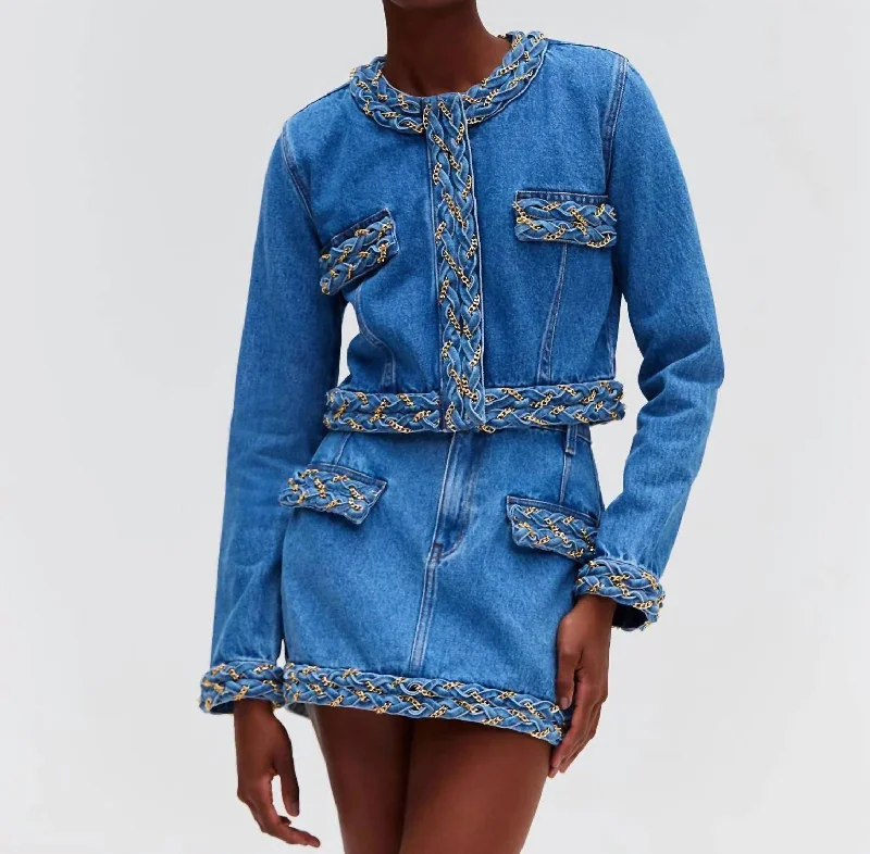 Elegant Women's Evening Garments Braided Denim Cropped Jacket In Blue