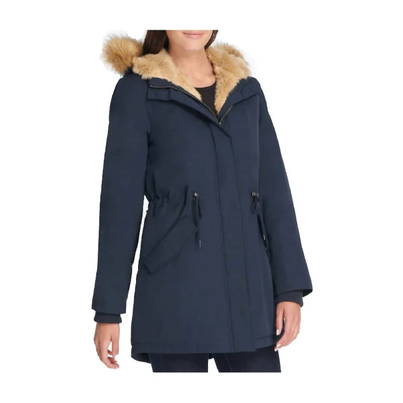 Women's Relaxed Outfit Faux Fur Trimmed Hooded Fishtail Parka Jacket In Blue