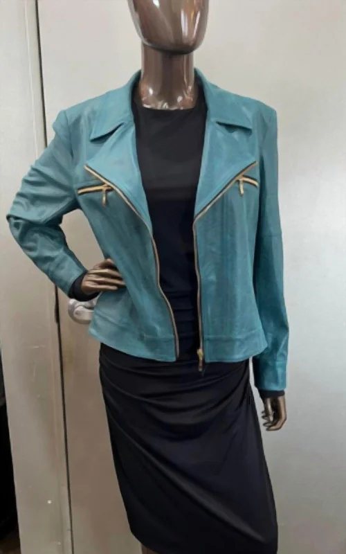 Women's Party Clothes Faux Leather Moto Jacket In Teal