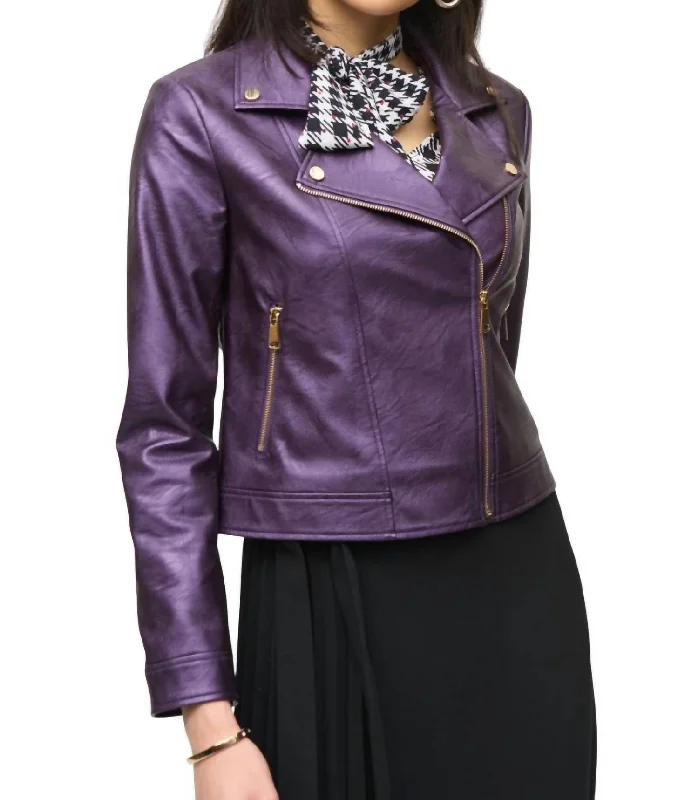 Women's Work Outfit For The Office Faux Leather Biker Jacket In Blackcurrant