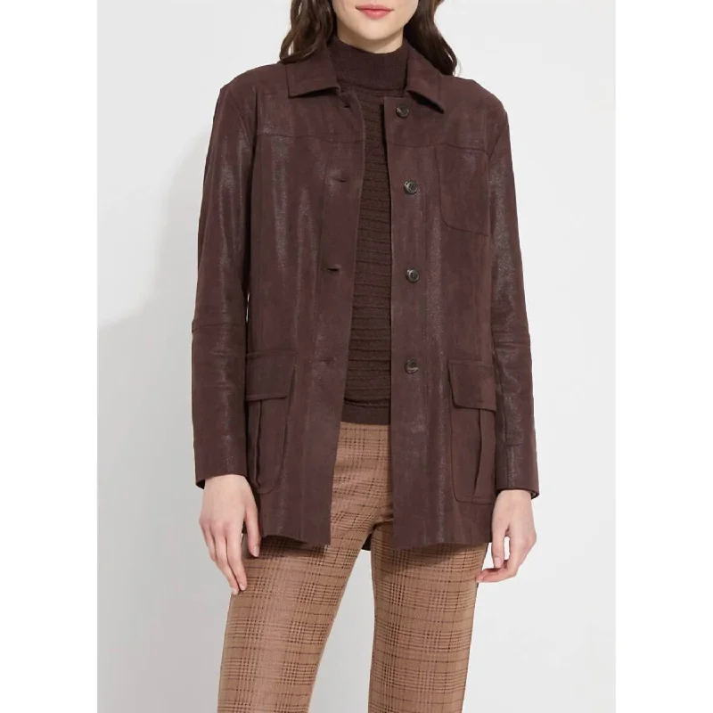 Women's Clothing For Outdoor Activities Lora Foil Faux Suede Utility Jacket In Dark Mocha