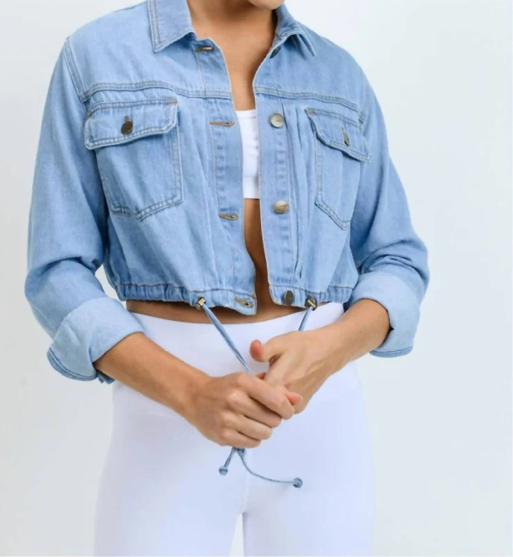 Women's Office Outfit Cropped Drawstring Denim Jacket In Blue