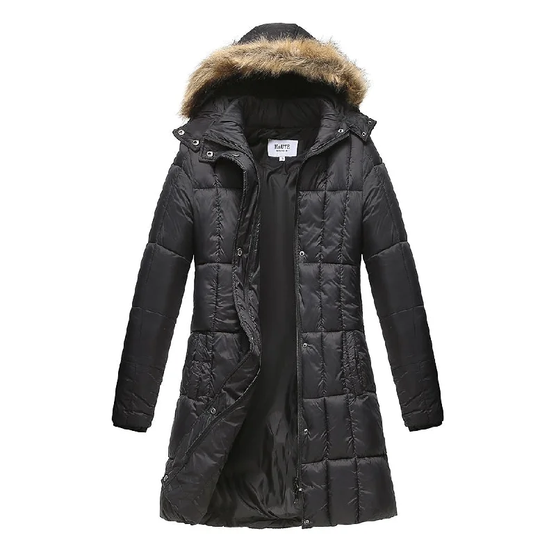 Women's High-Fashion Apparel Haute Edition Women's Mid-Length Puffer Parka Coat with Faux Fur-lined Hood