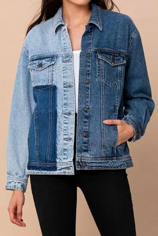 Affordable Women's Clothing Women's Patch Oversized Denim Jacket In Light Blue