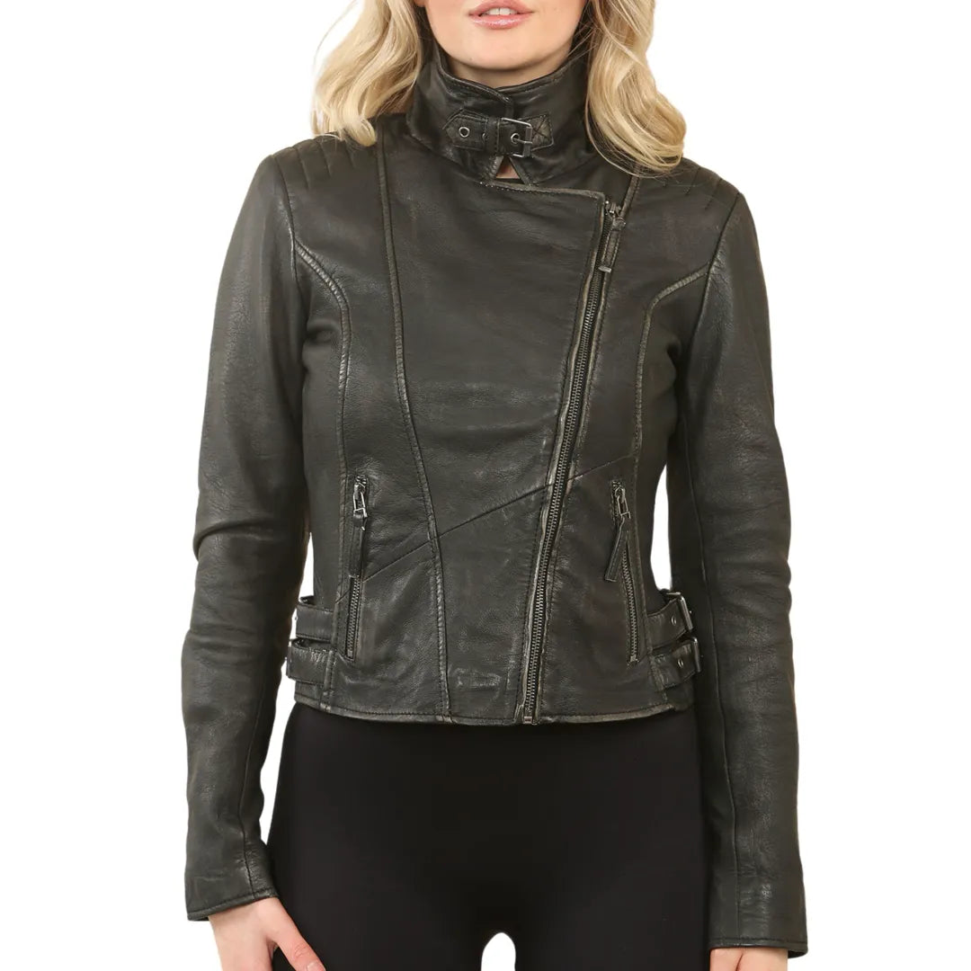 Women's Active Garments For Workouts Black Cross Zip Leather Brando Biker Jacket