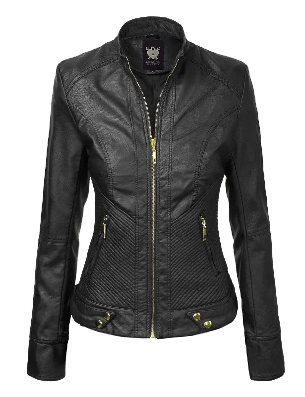 Vintage Clothing For Women Made By Johnny MBJ Womens Faux Leather Zip Up Moto Biker Jacket with Stitching Detail