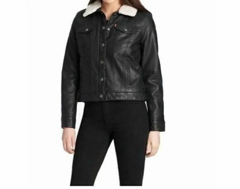 Everyday Fashion Classic Lined Sherpa Faux Leather Trucker Jacket In Black