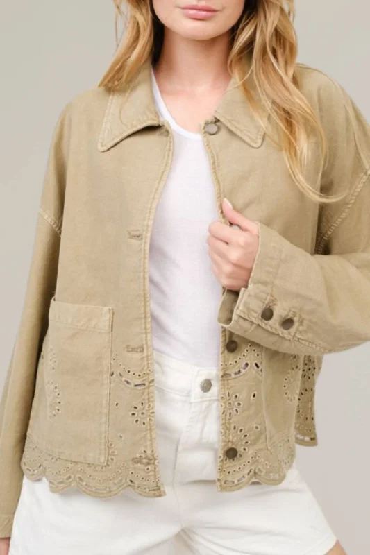 Women's Outfit Scalloped Hem Denim Jacket In Olive