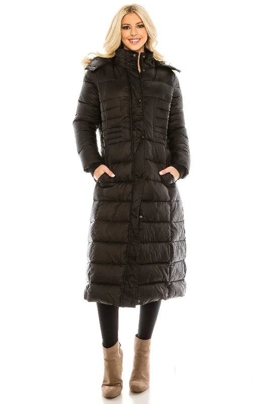 Women's Holiday Clothes Haute Edition Women's Maxi Length Quilted Puffer with Fur Lined Hood