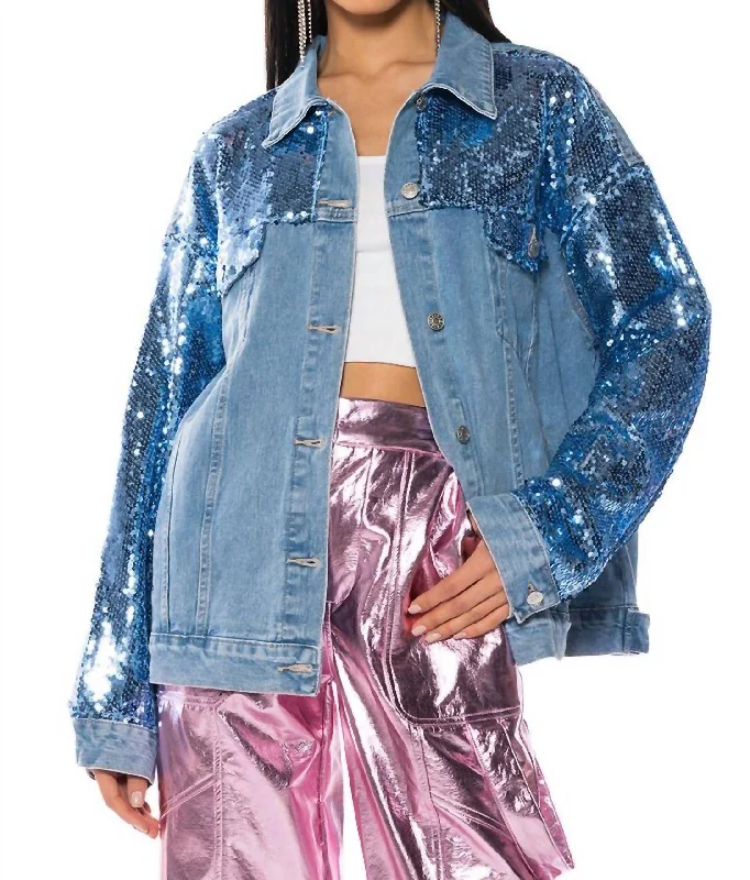 Women's High-Fashion Apparel Bring It On Sequin Jacket In Denim