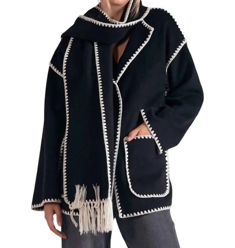 Women's Everyday Apparel Top Stitch Scarf Jacket In Black/white