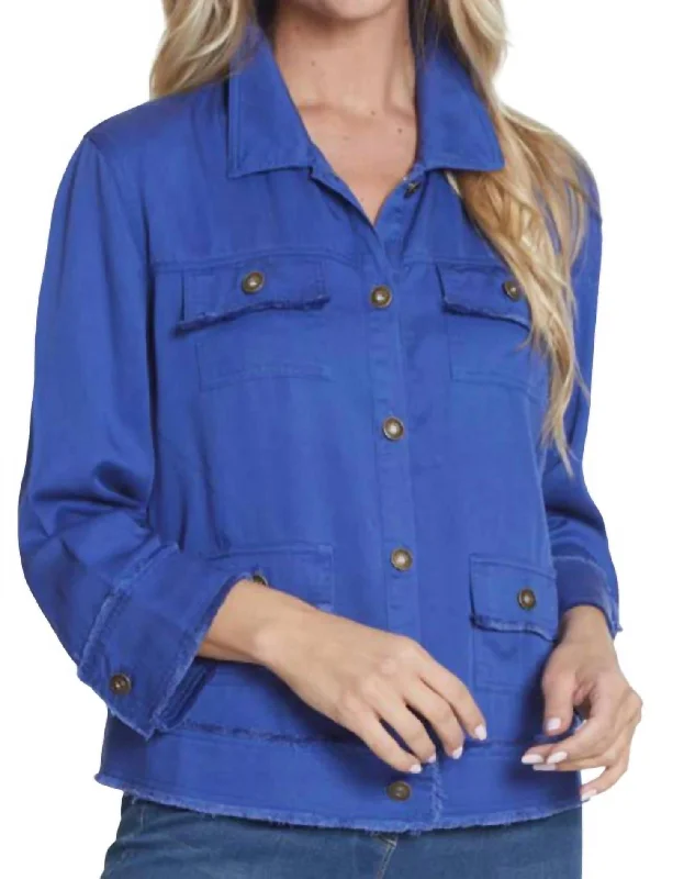 Women's Professional Apparel 3/4 Cuffed Sleeve Drop Shoulder Fringe Jacket In Deep Royal