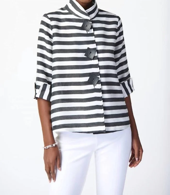 Classic Clothes For Women Striped Jacquard Trapeze Jacket In Black/ Off-White