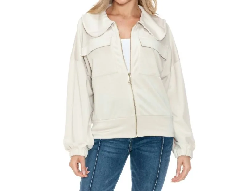 Casual Outfit For Women Collared Jacket With Pockets In Cream