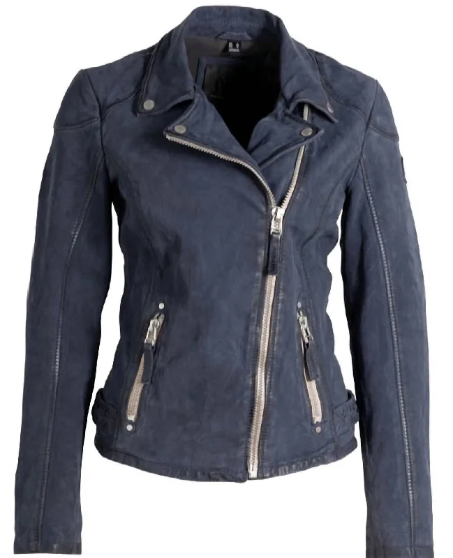 Classic Clothes For Women Women's Nubuck Leather Biker Jacket In Navy