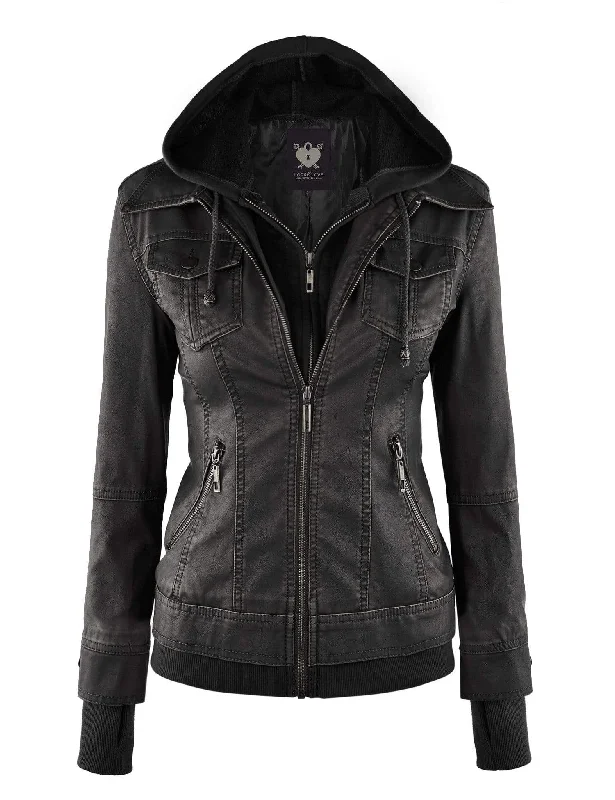 Women's Clothing For Casual Outings Made By Johnny MBJ Womens Faux Leather Motorcycle Jacket with Hoodie