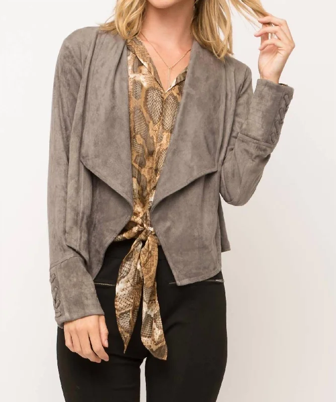 Women's Night-Out Clothes Faux Suede Draped Lapel Jacket In Charcoal