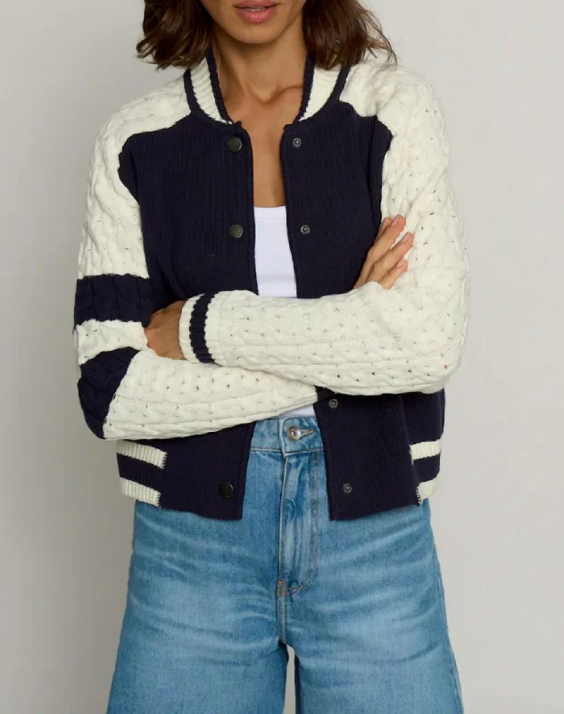 Fashion Sale Live Now – Upgrade Your Style For Less Cable Sleeve Knit Bomber Jacket In Navy