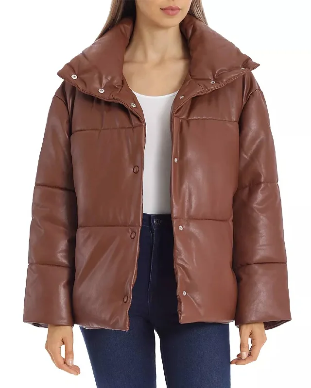 Shop Trendy And Timeless Outfits At Special Prices Oversize Faux Leather Puffer Jacket In Cognac