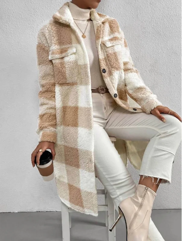 Casual Chic Clothing For Women Sherpa Plaid Long Coat In Tan