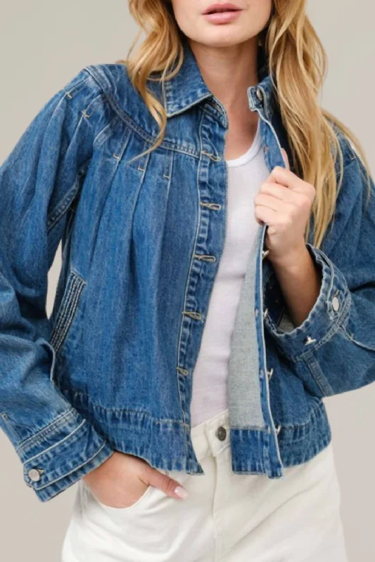 Women's Clothing For Casual Outings Pleated Denim Jacket With Stitch Detail In Blue