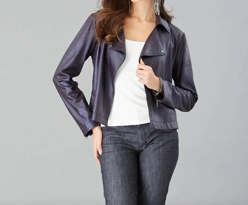 Stylish Outerwear Clothes For Women Python Moto Jacket In Navy